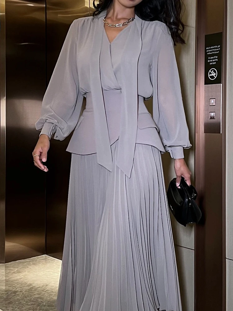 Casual Lady Solid Color Loose Commute 3 Piece Sets Temperament High Waist Set Fashion V-neck Chiffon Long Sleeve&Half Skirts Set - Image 4