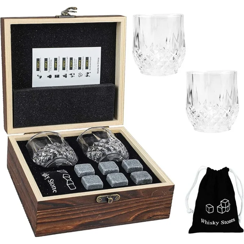 JUSTINLAU Father's Day Gift Whiskey Stone Glass Wine Set Granite Ice Block for Whisky Wood Bottle Box Present for Dad Husband