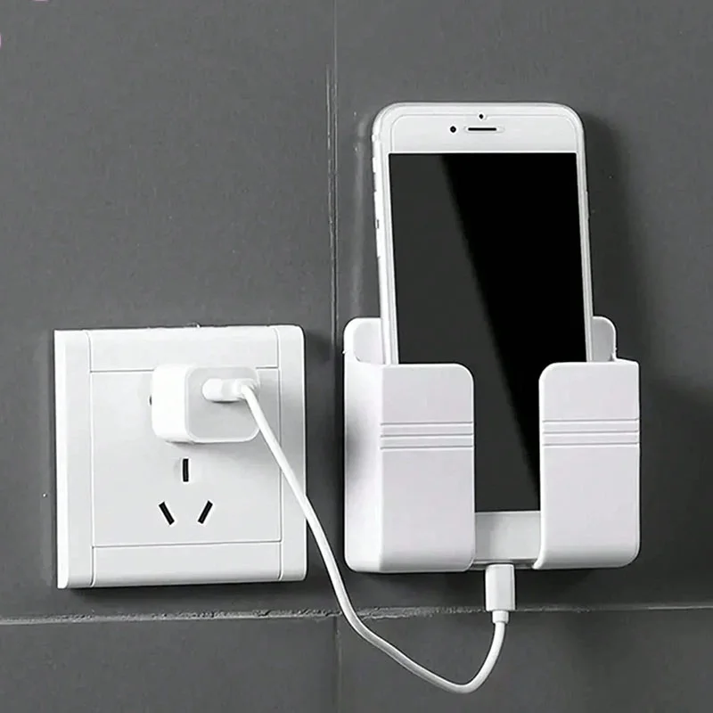 Wall Mount Mobile Phone Bracket Punch Free Smart Phone Charging Stand Remote Control Sticky Storage Box For iPhone Huawei Realme