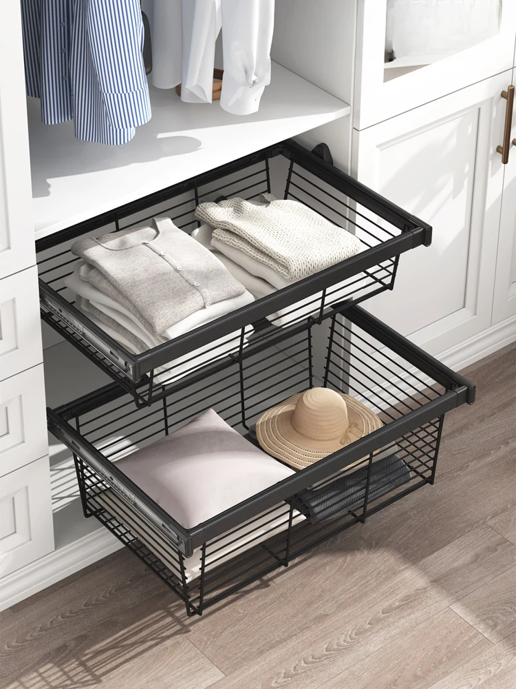 Wardrobe pull-out basket, drawer-style cloakroom, storage basket, retractable trouser rack, household sliding clothes, black