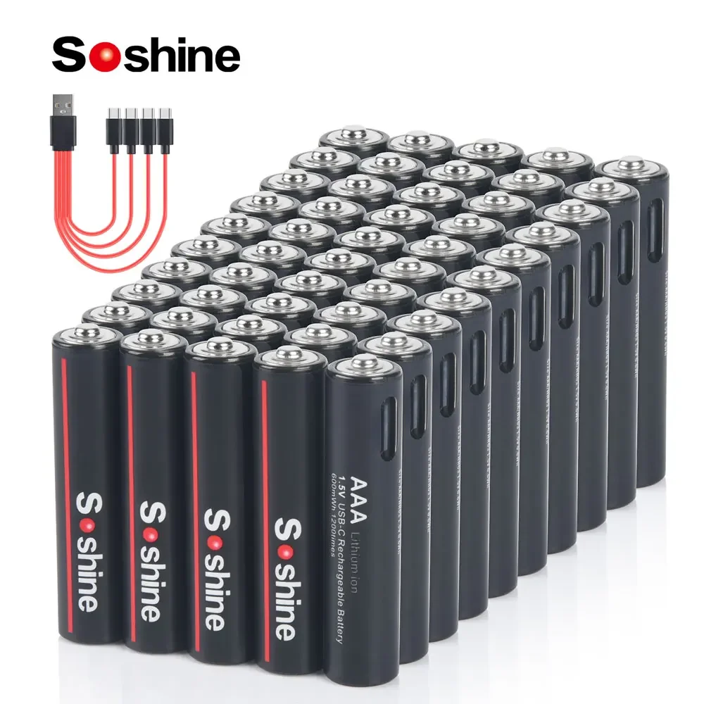 Soshine 50pcs Aaa 1.5V 600mWh Lithium Batteries USB Li-ion AAA Rechargeable Battery with 4-in-1 USB Cable for Camera Flashlight