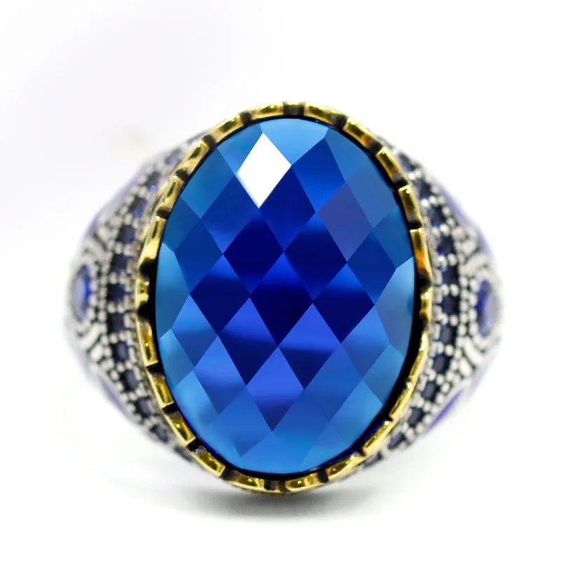 خاتم مصنوع يدويًا من الفضة الإسترليني بنسبة 925 للرجال ، حجر زجاجي أزرق ، هيب هوب الشرير ، مجوهرات عصرية فاخرة ، هدايا لحفلات الكريسماس ، جديد