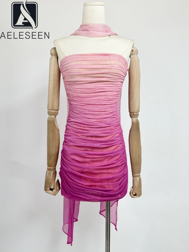 

AELESEEN 2025 Spring Summer Vintage Mini Dress Strapless Halter Mesh Piled Slim-Fit Empire Waistline Gradient Sheath Casual Sexy
