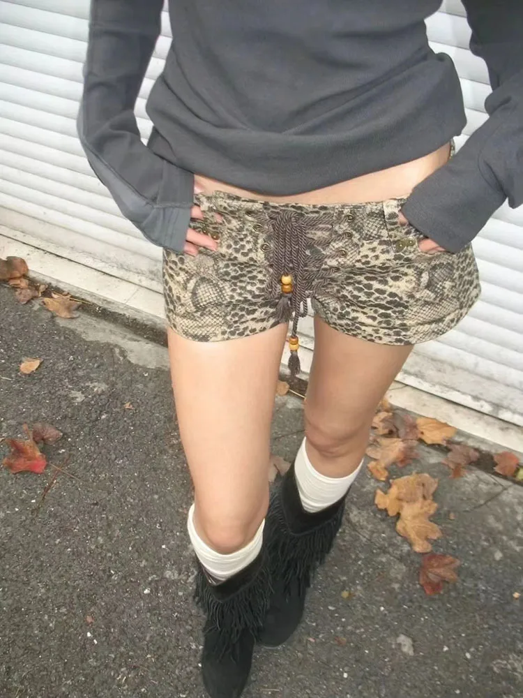 Amerikaanse Lace Up Ropa Mujer Nieuwe A-lijn Wijde Pijpen Vintage Gewassen Luipaardprint Shorts Y2k E-girl Lage taille