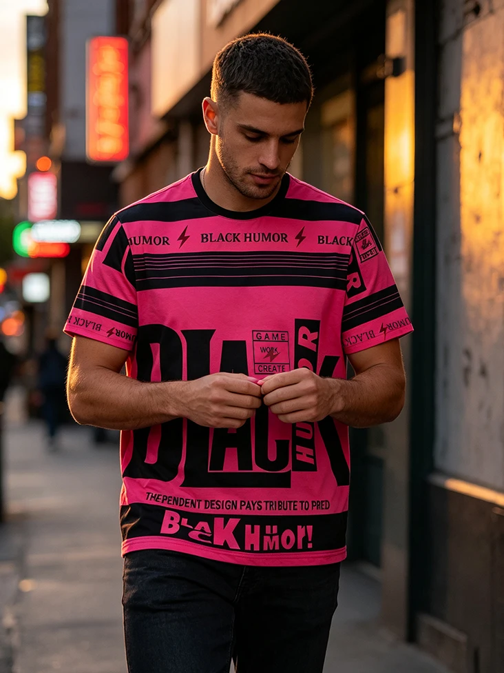Rose Red Black Contrasting Letter Printed Short Sleeved t-Shirt For Men's Street Fashion Brand Round Neck American Retro Casual