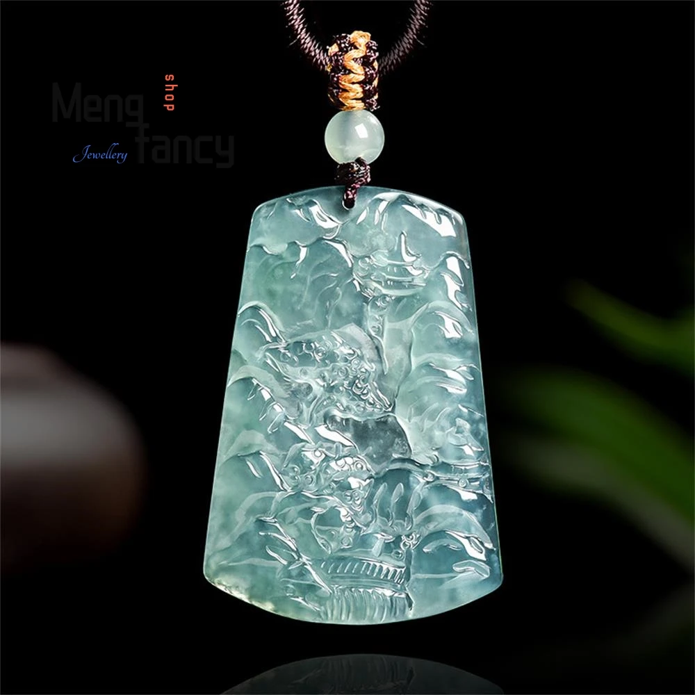 

High-end Natural A-grade Jadeite Blue Water Landscape Pendant With Artistic Conception Made of Ice and Glutinous Fashion Jewelry