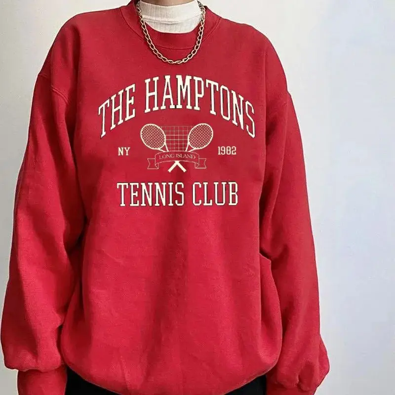 Hampton Tennis Club 1982 Vintage Printed American Fashion Women\'s Crew Neck Loose Cotton Fleece Pullover Sweatshirt