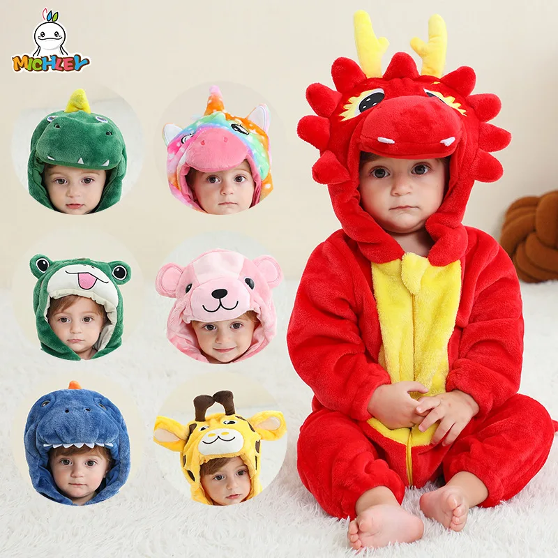 

New Children's Animal Jumpsuits Baby Facecloth Pajamas Crawling Clothing Autumn Winter Boys Girls Hooded Warm Casual Onesie