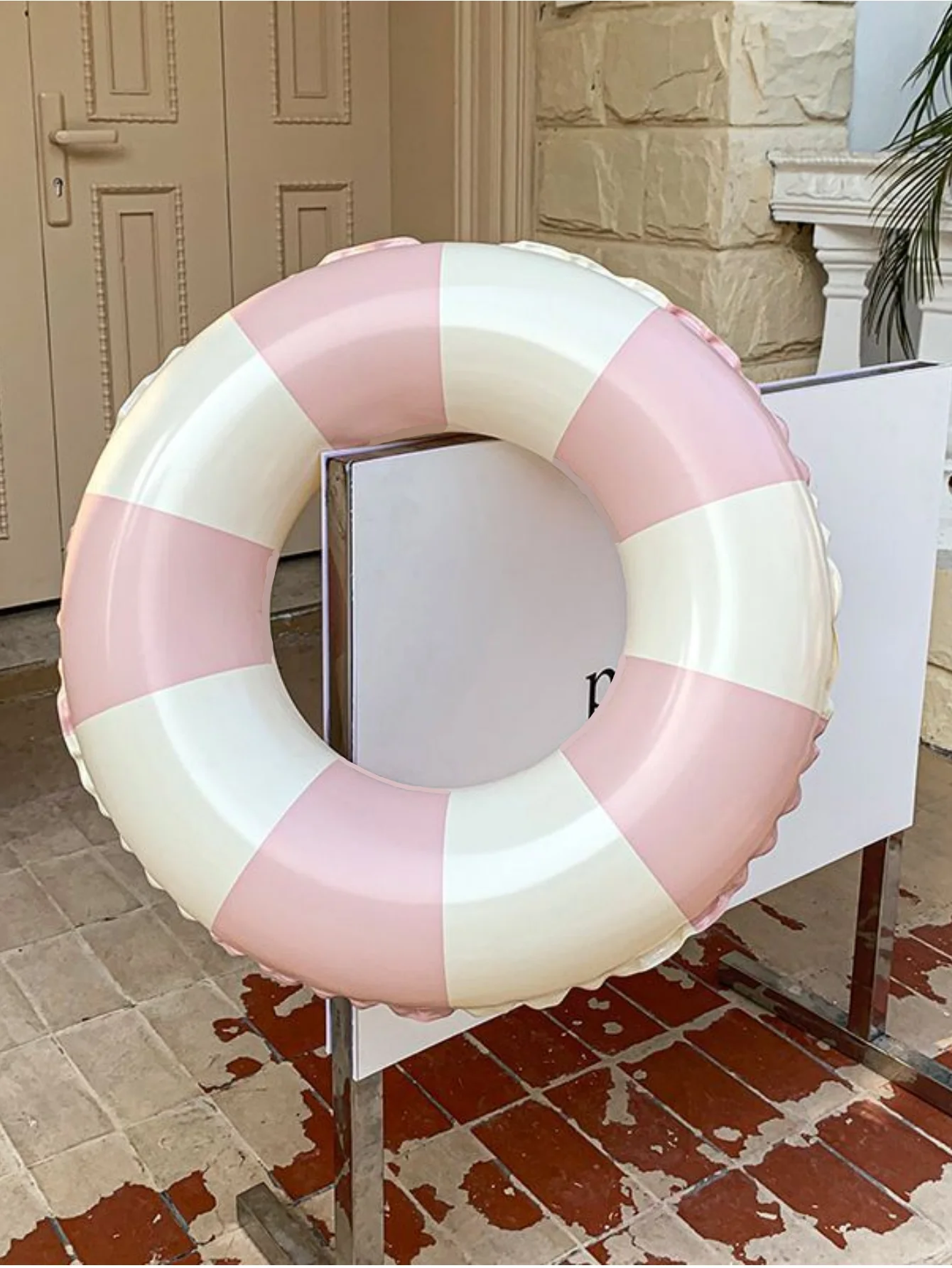 1pc Inflatable Striped Blue And Pink Unisex Swimming Ring, Thickened PVC Pool Float For Summer Beach Parties