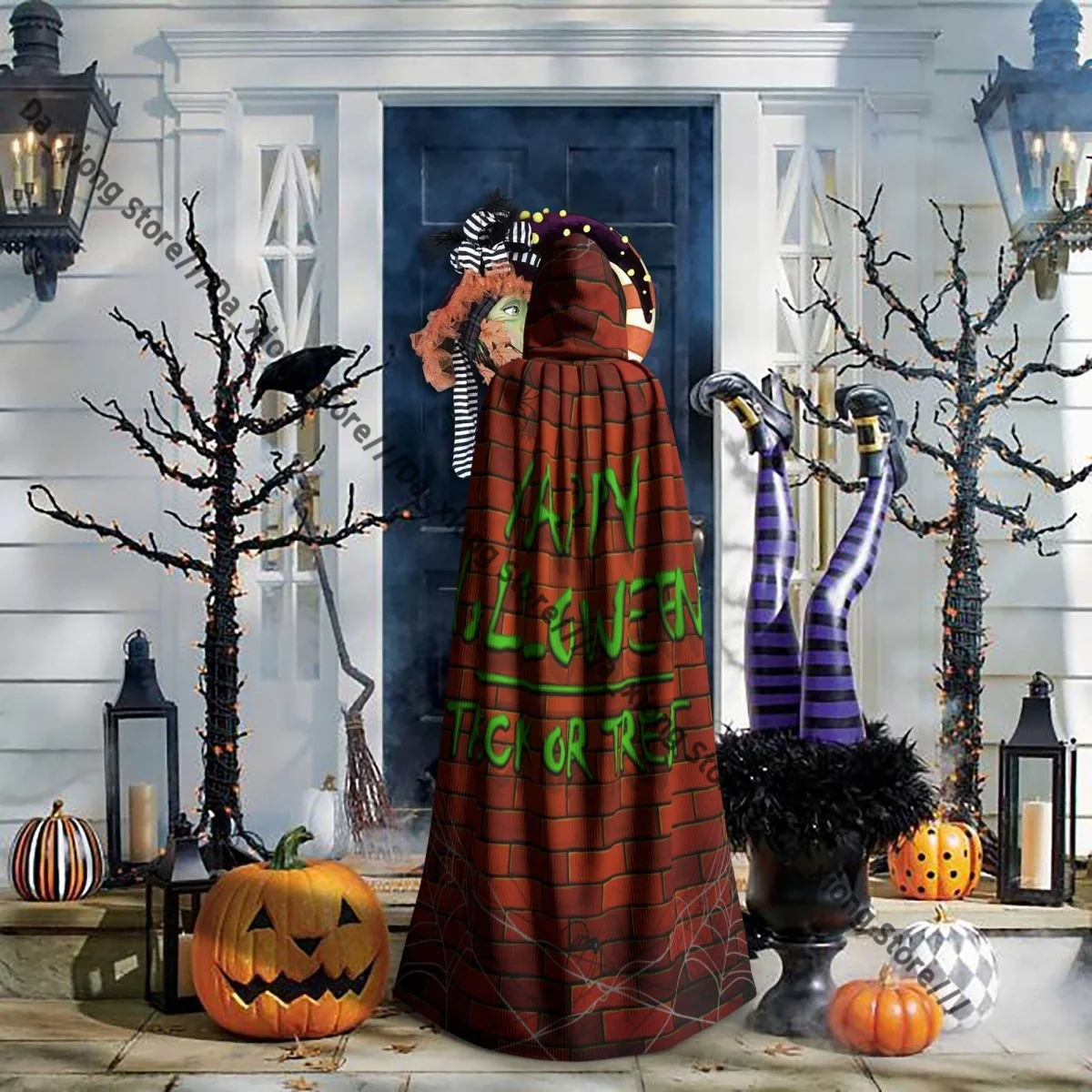 رداء ساحرة طويل بغطاء للرأس، طوب حائط للهالوين السعيد مع شبكة عنكبوت، عباءة الهالوين، أزياء تنكرية للبالغين