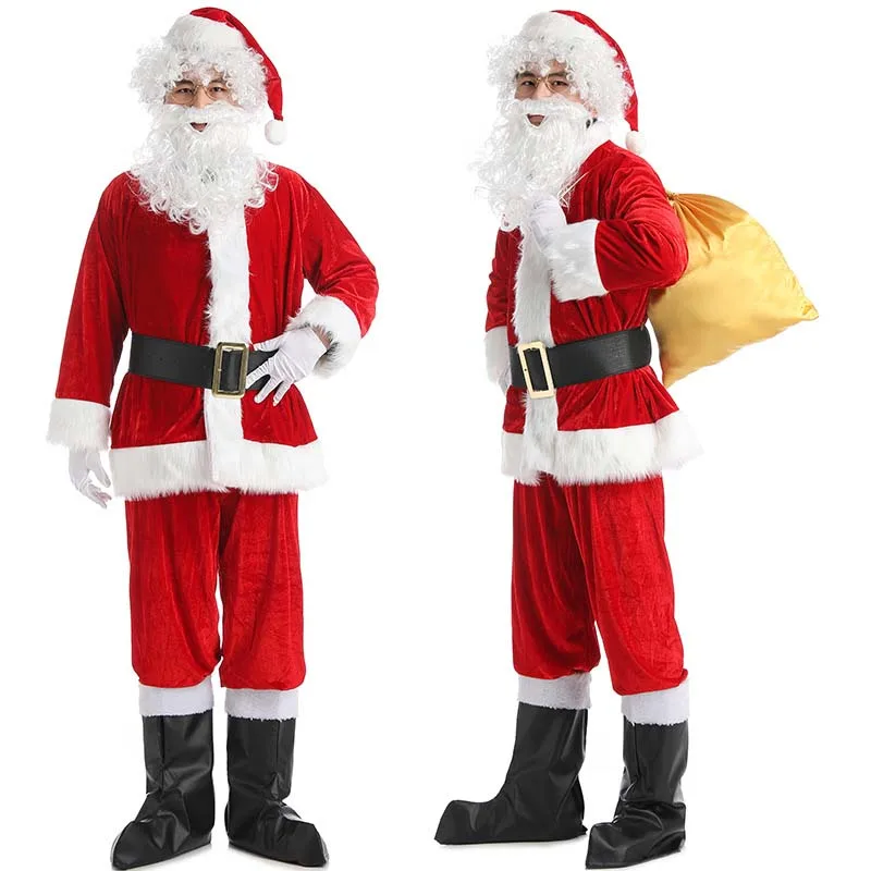 

7/10PCS Santa Claus Costumes Set Adult Christmas Santa for Men Velvet Santa Costume Professional Xmas Top Pants Hat Beard Set