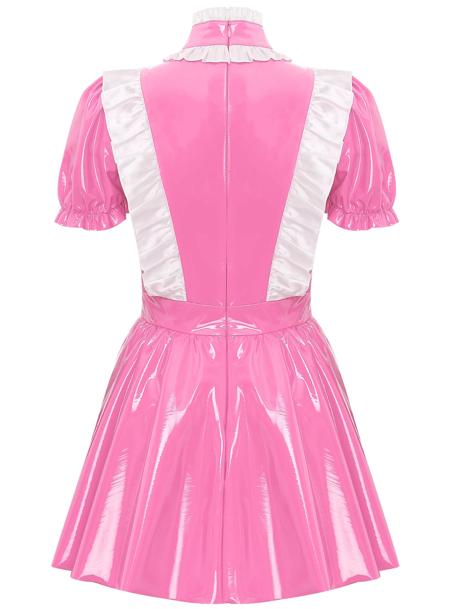 Womens Sissy Patent Leather French Maid Cosplay Dress Ruffles Trims Bow Apron Puff Sleeve Lolita Maid A-Line Dress Uniform