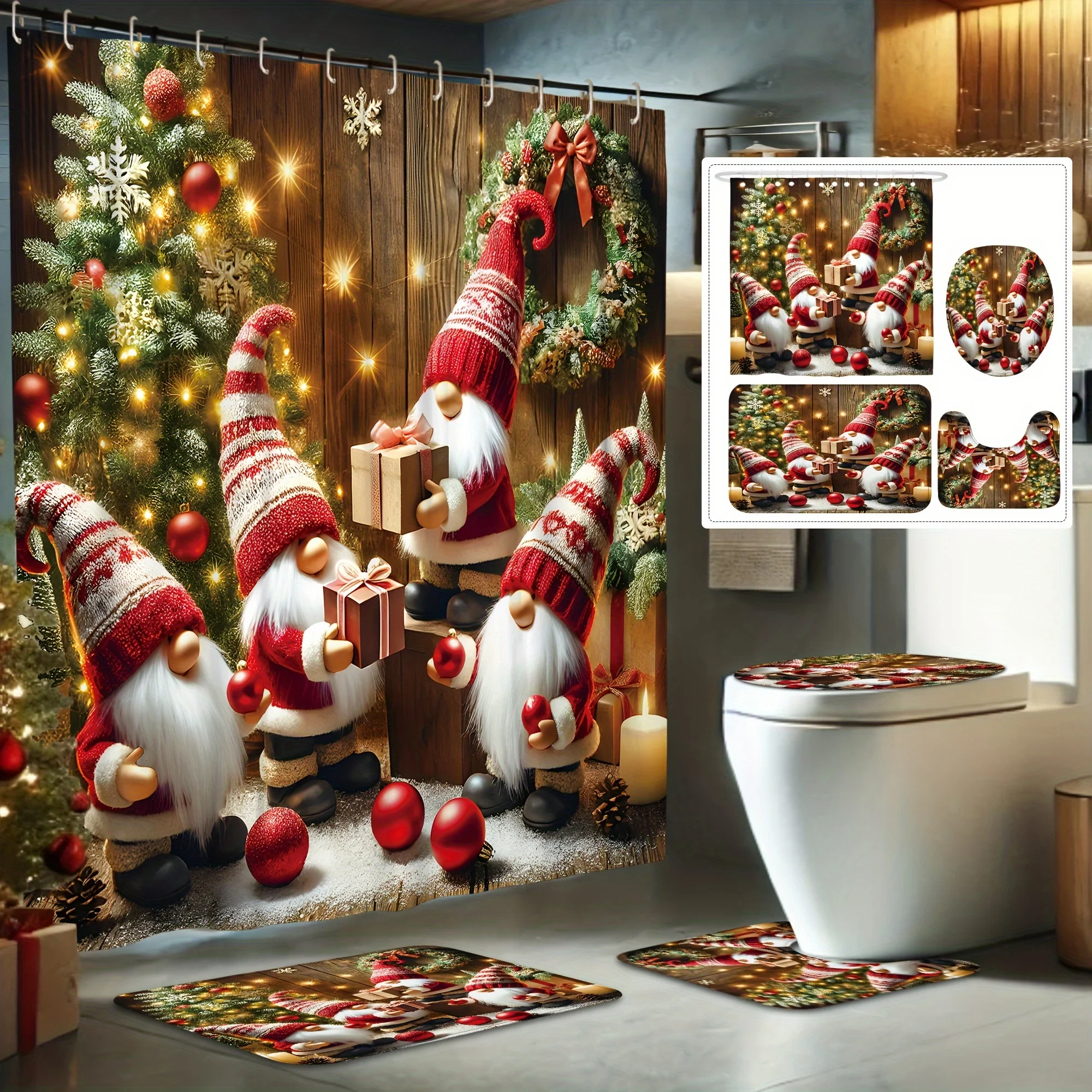 

Рождественский венок из гнома, набор занавесок для душа с нескользящим ковриком и крышкой для унитаза, красный, зеленый, моющийся праздничный декор в фермерском доме