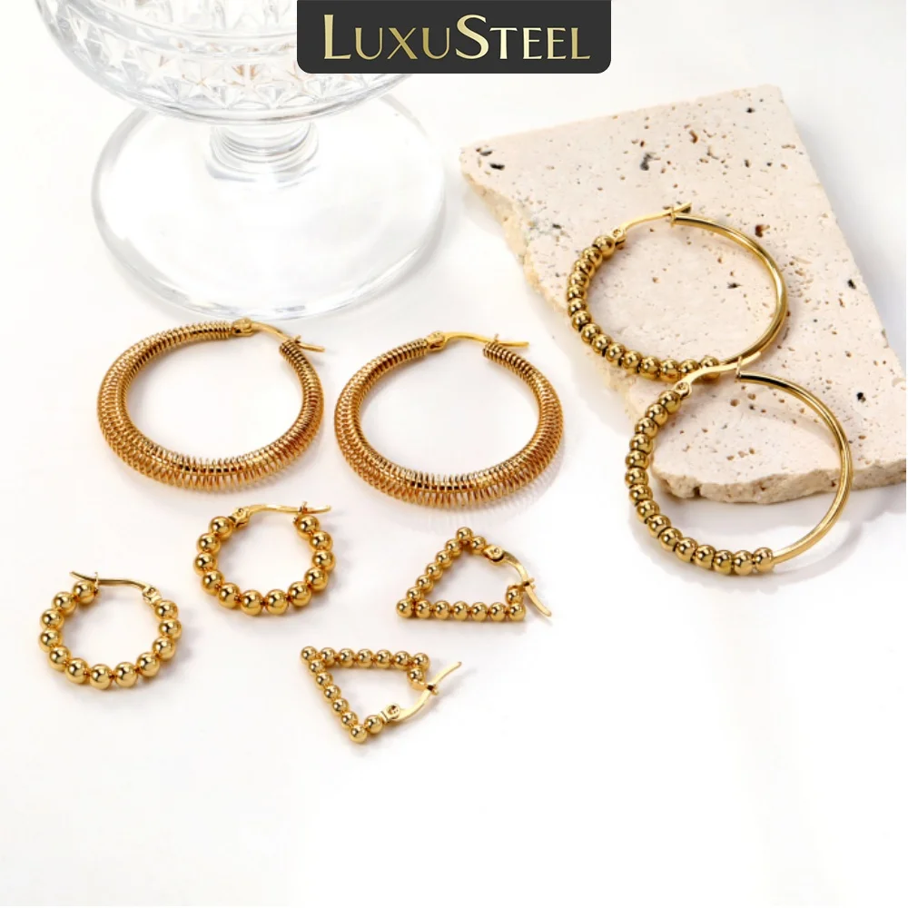 

LUXUSTEEL Geometric Accessories Fashion Women's New Stainless Steel Gold Round Anti Allergy 15mm Earrings with Steel Balls