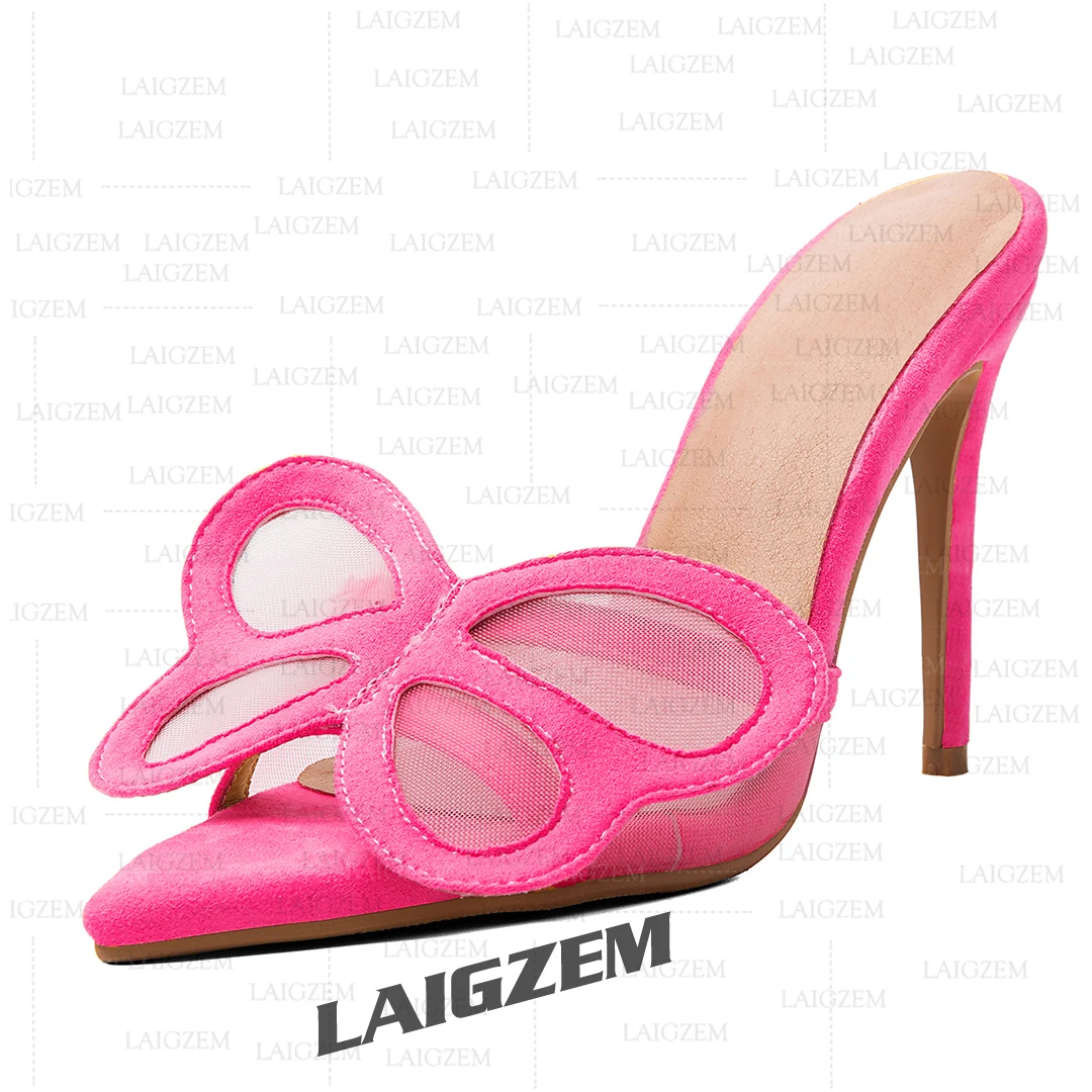 LAIGZEM Women Pumps Pointed Toe Faux Suede Mules Thin High Heels Sandals Party Handmade Shoes Woman Large Size 39 41 43 45 47