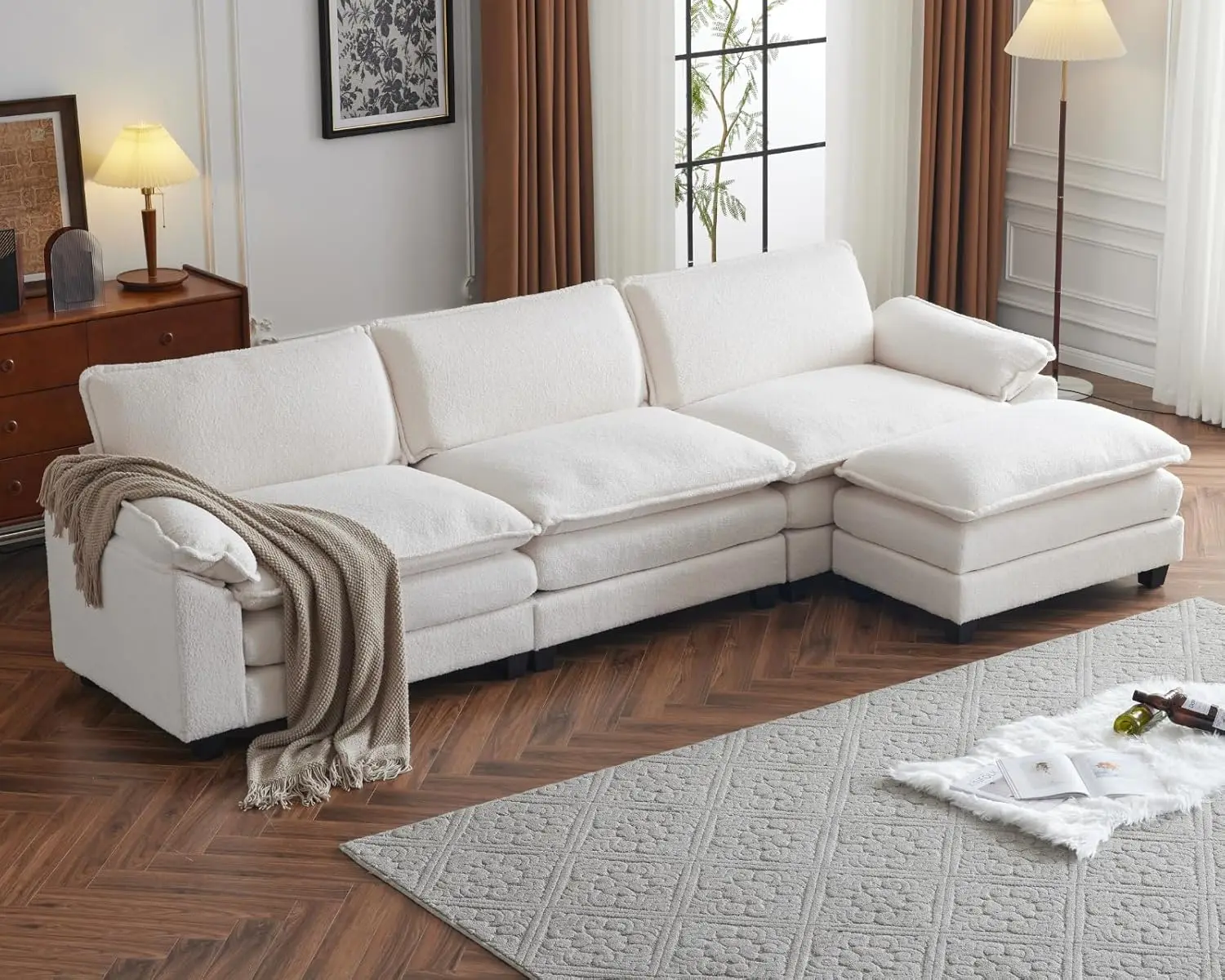 

Секционный диван 122 дюйма, 3-местный глубокий диван с оттоманкой, современный угловой диван L-образной формы, обивка из плюша «Тедди» для гостиной