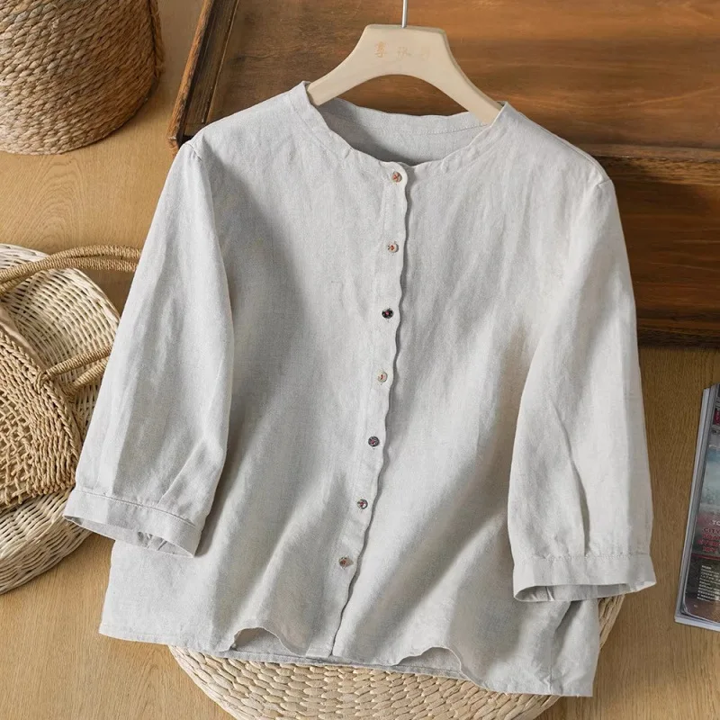 

Women T Shirts Tops Solid Tees Three Quarter Sleeve Round Neck Single Breasted Slight Strech Loose Fit Casual 2026 Spring Summer