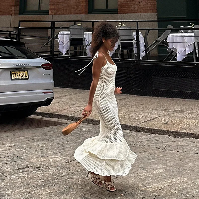 

Fashion Lace Up Cover Up Solid Color Beach Dress Summer Double Flounces Long Dress Sexy Hollow Out Beachwear Tie Up Vestidos Y2k