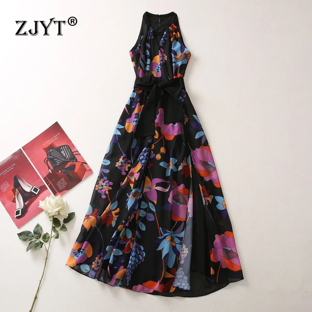 

ZJYT Summer Chiffon Long Dresses for Women 2024 Runway Designer Print Sleeveless Beach Vacation Dress Casual Black Vestido Robes