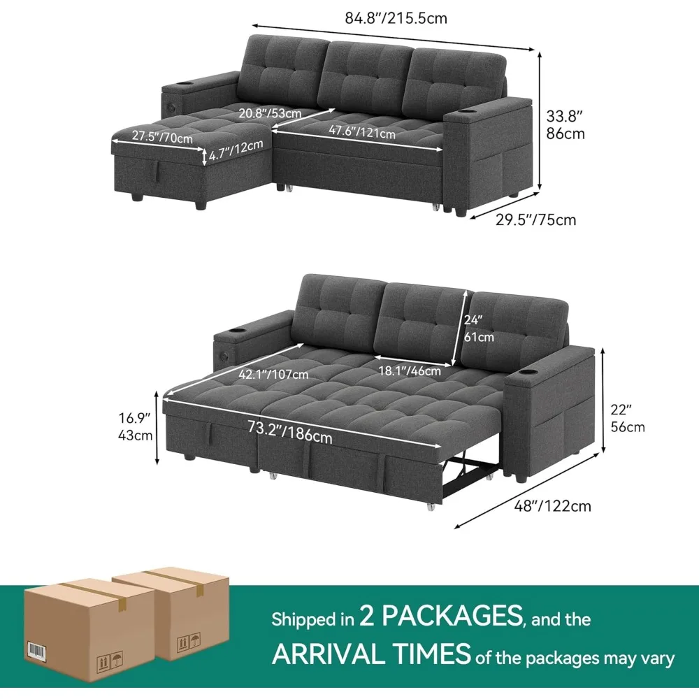 Sofa Tidur, Tempat Tidur Sofa Berbentuk L dengan Kursi Penyimpanan & USB, Tempat Tidur Sofa Reversibel dengan Tempat Tidur Tarik, Sofa Konvertibel Kain 4 Dudukan
