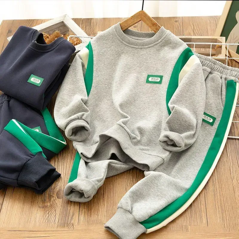 

Autumn Children Boy Clothes Casual Patchwork 2 Pieces Sets Teenage Sweater Pullover Top Pant Outfit Sports Tracksuits Loungewear