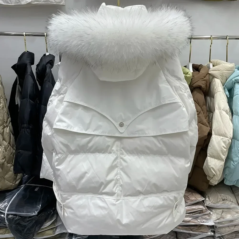 2024 New Down Jacket WomenRaccoon Fur Collar Loose Short Down Coat European Fashion Outerwear White Duck Winter Parka Jacket