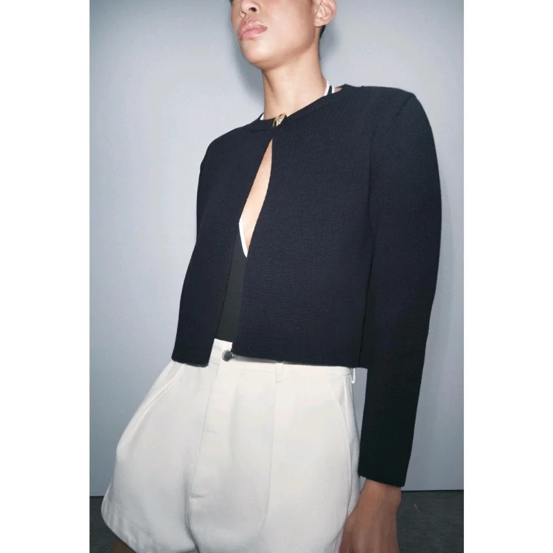 

New Summer Women's Simple Sle round Ne Long Sve Gold Button Decorated Knitted Open Front Coat Loose Fit Polyester Fiber