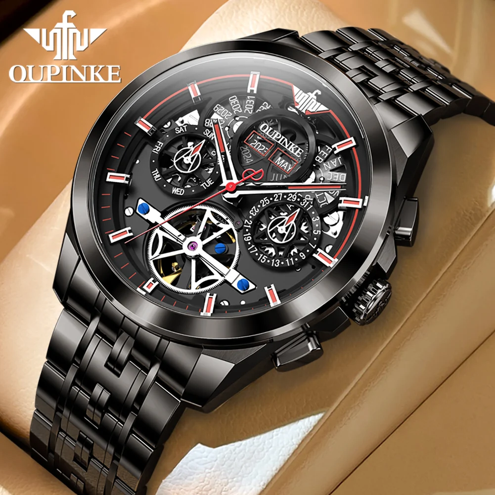 OUPINKE мужские часы трендовые модные лучшие брендовые оригинальные автоматические механические часы с маховиком для мужчин полный календарь водонепроницаемые