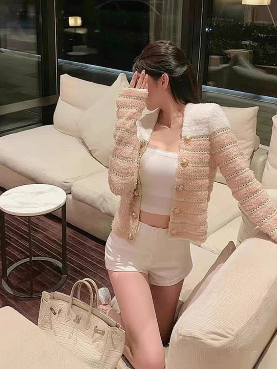 Champagne Gold Embroidered Short Knitted Cardigan Women's Slim Fit Personality Tagkita Long Sleeve Regular Length Outerwear