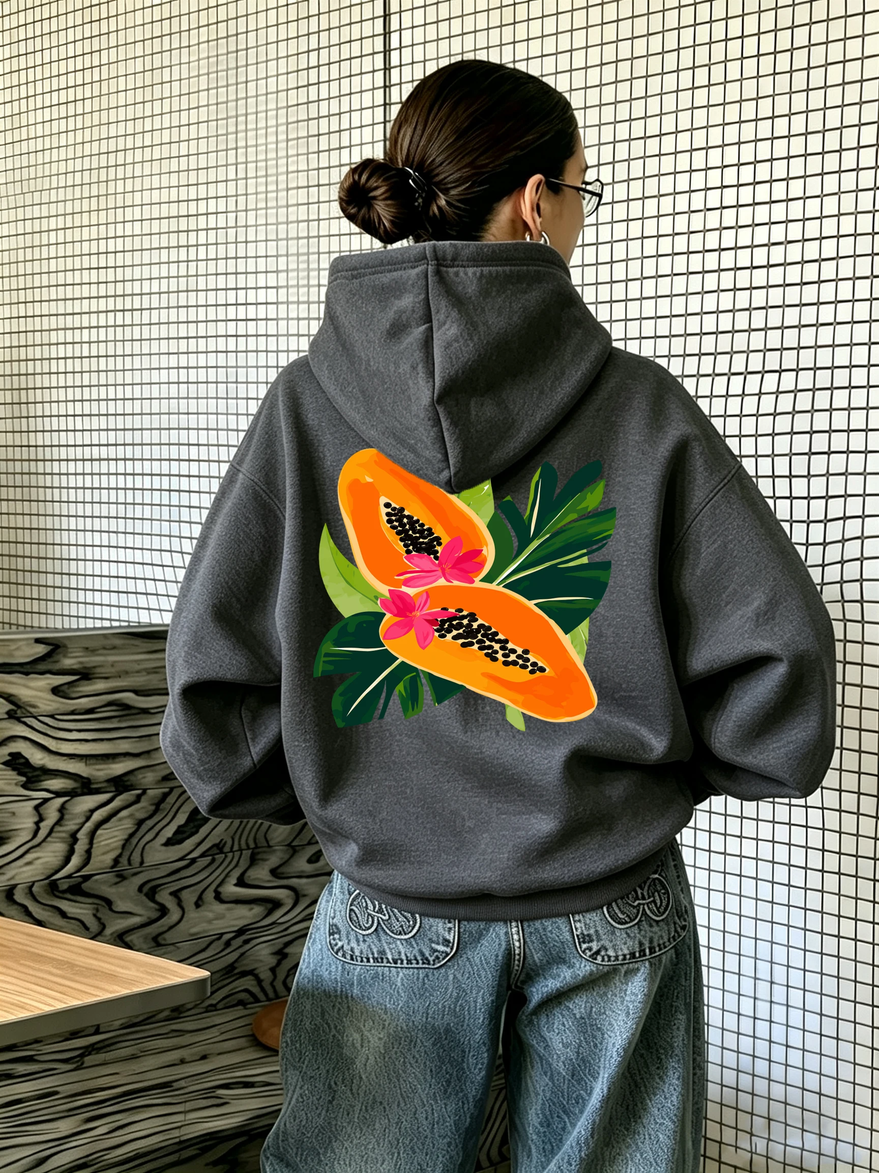 Fresh Papaya Fruit Print Women Fleece Crewneck Hoodies Multicolor Casual Clothes Loose Oversized Pullovers All-Match Commute Top