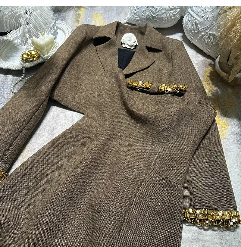 Luxury Slim-fitting Wool Woolen Chain Short Jacket High-end Contrasting Color Diamond-encrusted Suit Two-piece Set Women Outfits