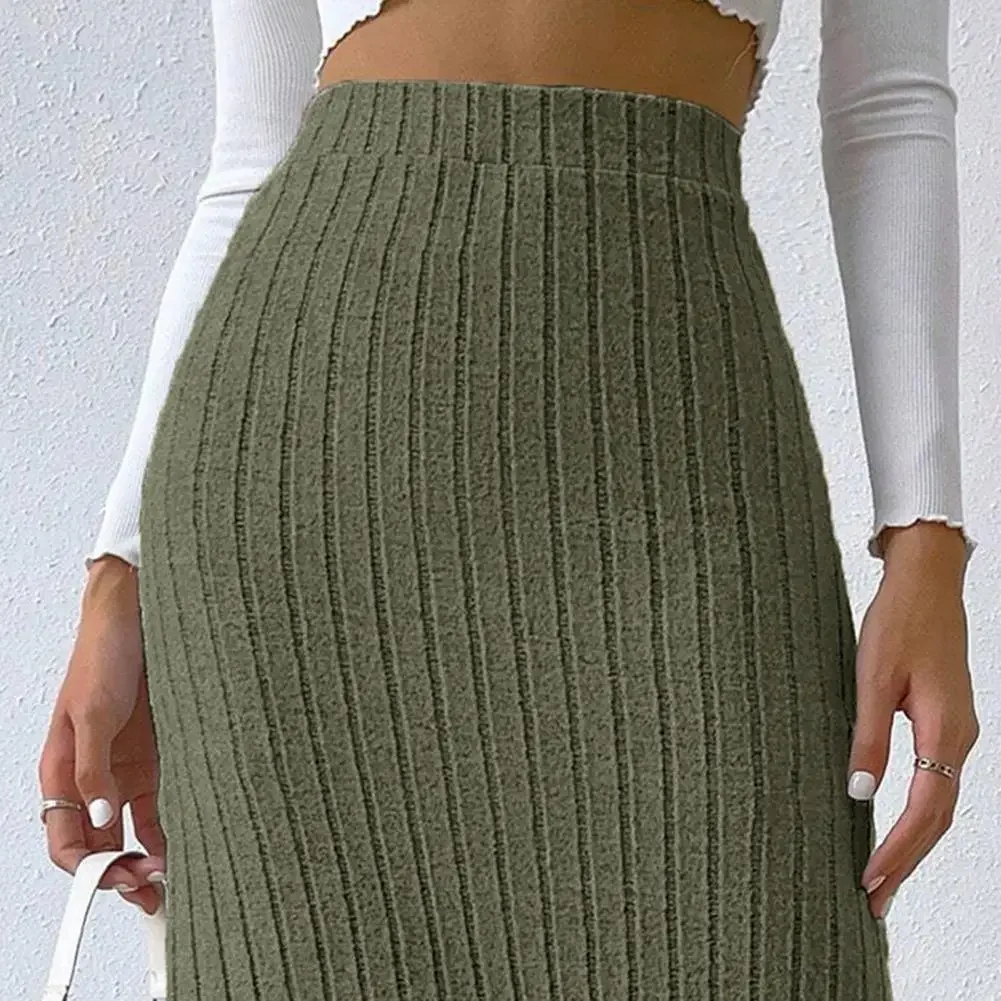 

Elegant Women Maxi Ribbed Skirt High Waist Side Slit Knitting Skirt Solid Color Slim Long Skirt Summer