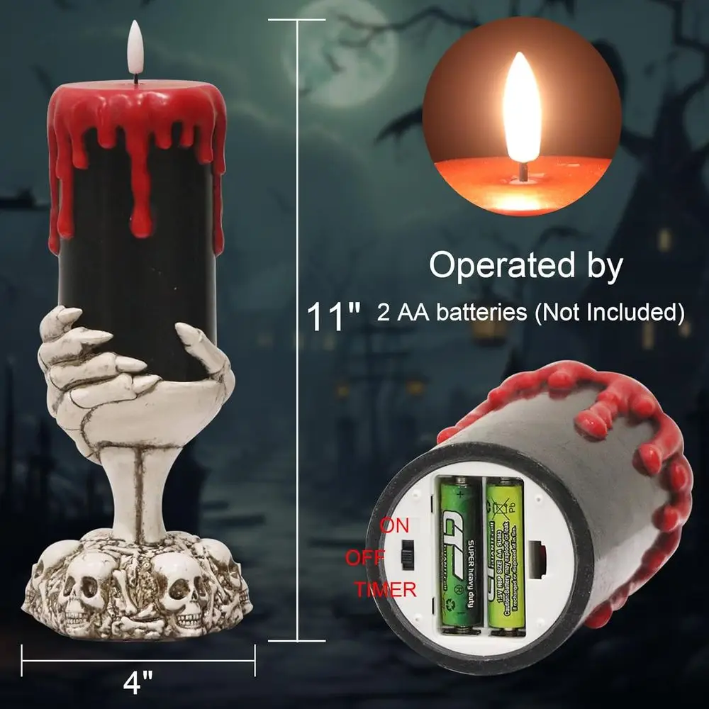 Black Lamellickering Candles with Timer, Blood Dripping Wax Effect Battery Operated LED Pillar Candle with Skeleton Hand Candle