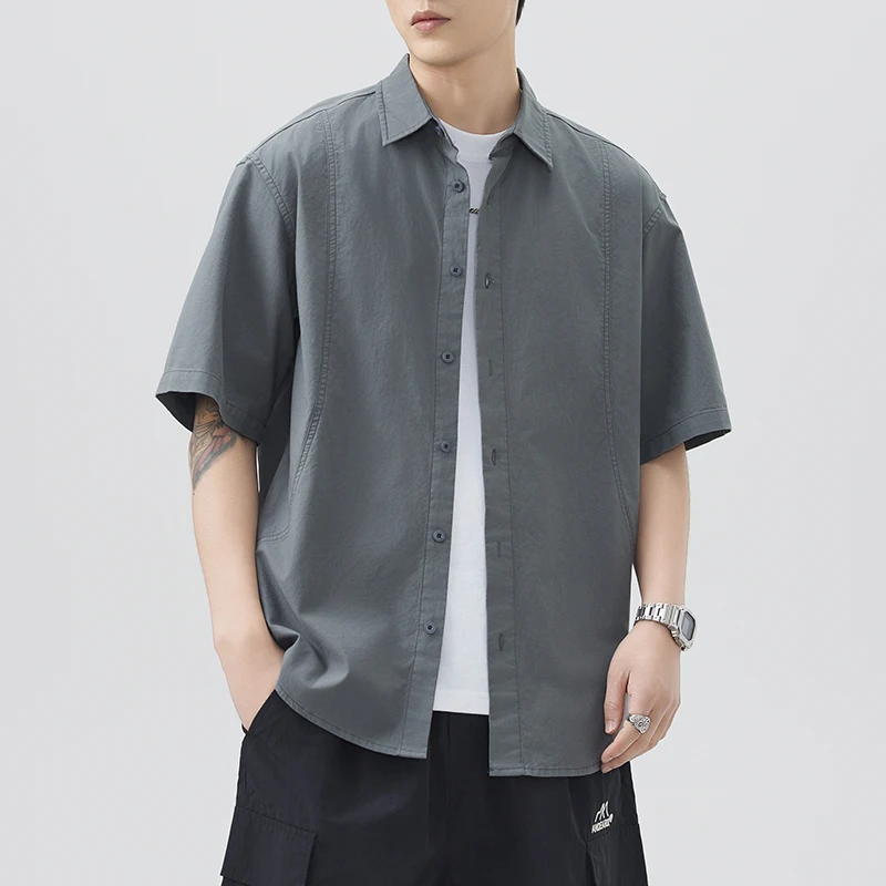 

Men's Summer Short Sleeve Shirts Japanese Retro Fashion Versatile Simple Breathable Loose Solid Color Lapel Button Down Shirt