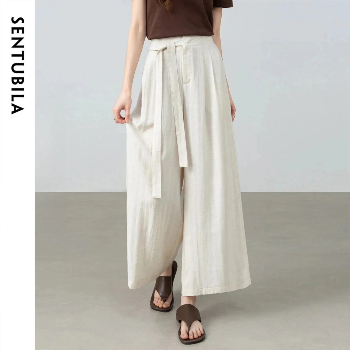 

SENTUBILA Women's Linen Wide Leg Pants Lady 2026 Summer Tie Elastic Waist Cropped Trousers Beige Loose Casual Bottoms 162KD3441