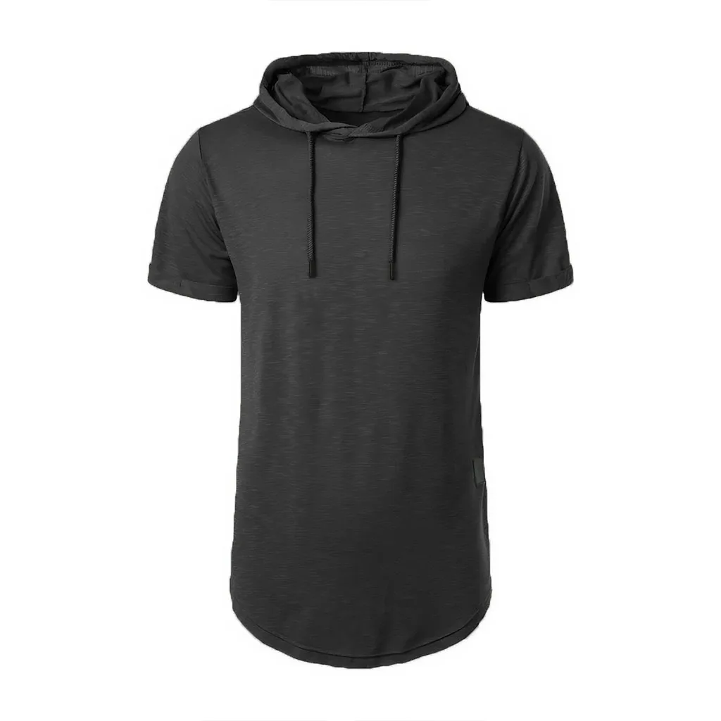 Männer Baumwolle T-shirt Kurzarm Mit Kapuze Einfarbig Slim Fit Männlich Atmungsaktive Sport Tees Leichte Fitness Männlich Casual Tops – Detail 8