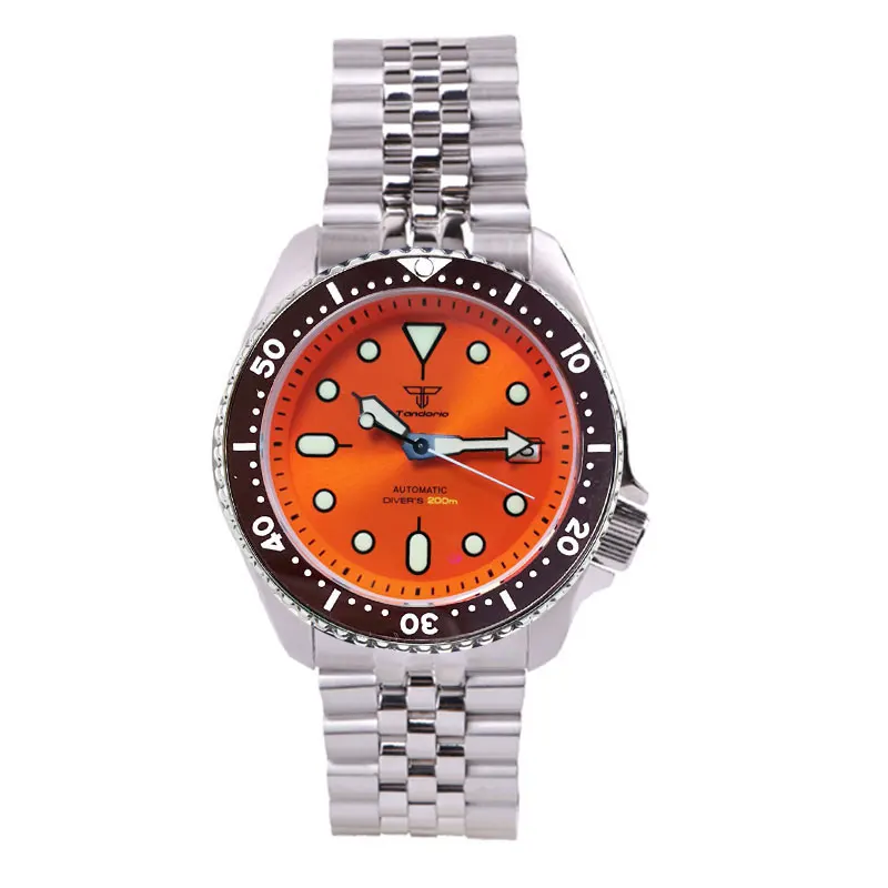 Tandorio 41 mm luxuriöse 200 m wasserdichte Automatikuhr für Herren NH35A 3,8 Krone Sunburst Orange Zifferblatt Taucheruhr Stahlarmband