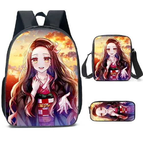 Imagen 2 del producto Mochilas escolares Ghost Slayer Kimetsu No Yaiba Nezuko, bolso de hombro, estuche para lápices, conjunto de 3 uds., regalo para niños, estudiantes, Mochila