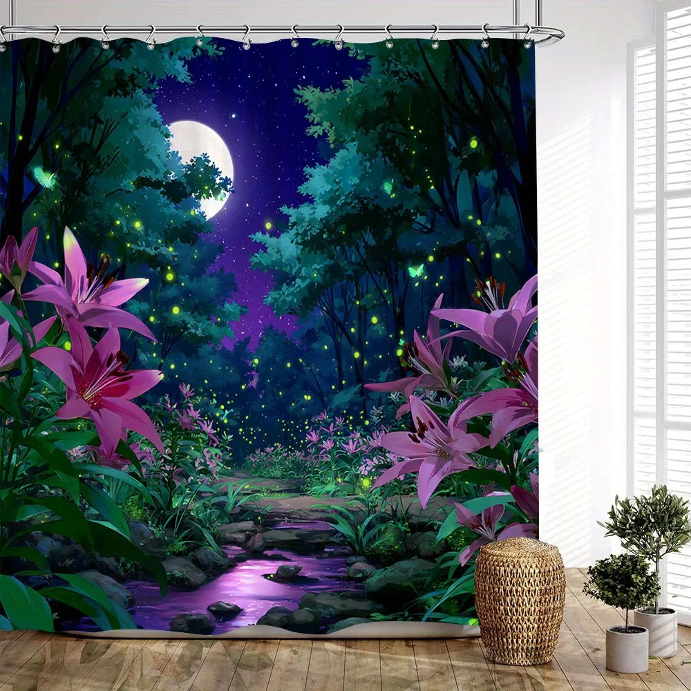 قطعة واحدة من ستارة دش غابة الرسوم المتحركة المسحورة - الزنابق الوردية المضاءة بالقمر، اليراعات المتوهجة وتصميم السماء الليلية المرصعة بالنجوم - بوليستر متين