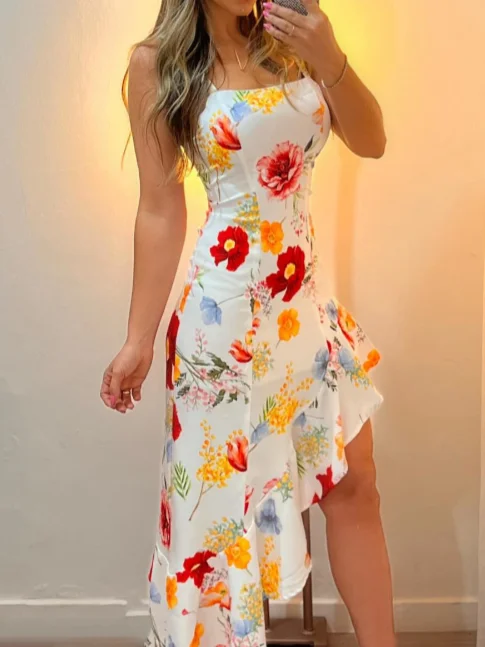 Dress Women Long Dresses Print Floral Slim Fit Sexy Sling Sleeveless Irregularity Ruffles Mid Length Vestidos Elegant Splice