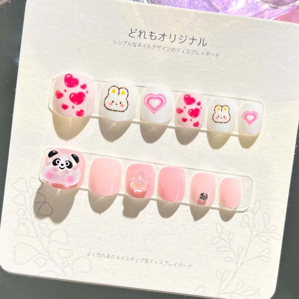 Rabbit Children False Nails Flower Full Cover Nail Art Tips Kids Fake Nail Extension Nail Supplies Bears Kids Cartoon Fake Nails