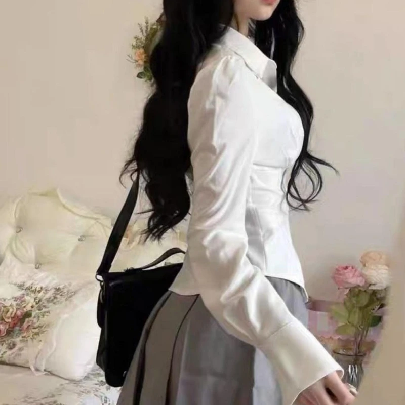 White Women Shirts Flattering Waist Slim New Design Folds Button-up Official All-match Preppy Style Faddish Simple Aesthetic