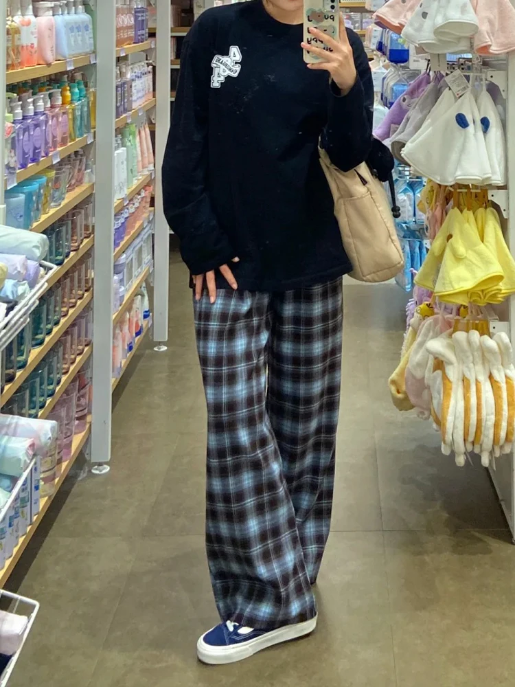 

American Retro Blue Plaid Men's Loose Straight Leg Casual Pants Comfortable Lazy Sle Wide Leg Leisure Trousers