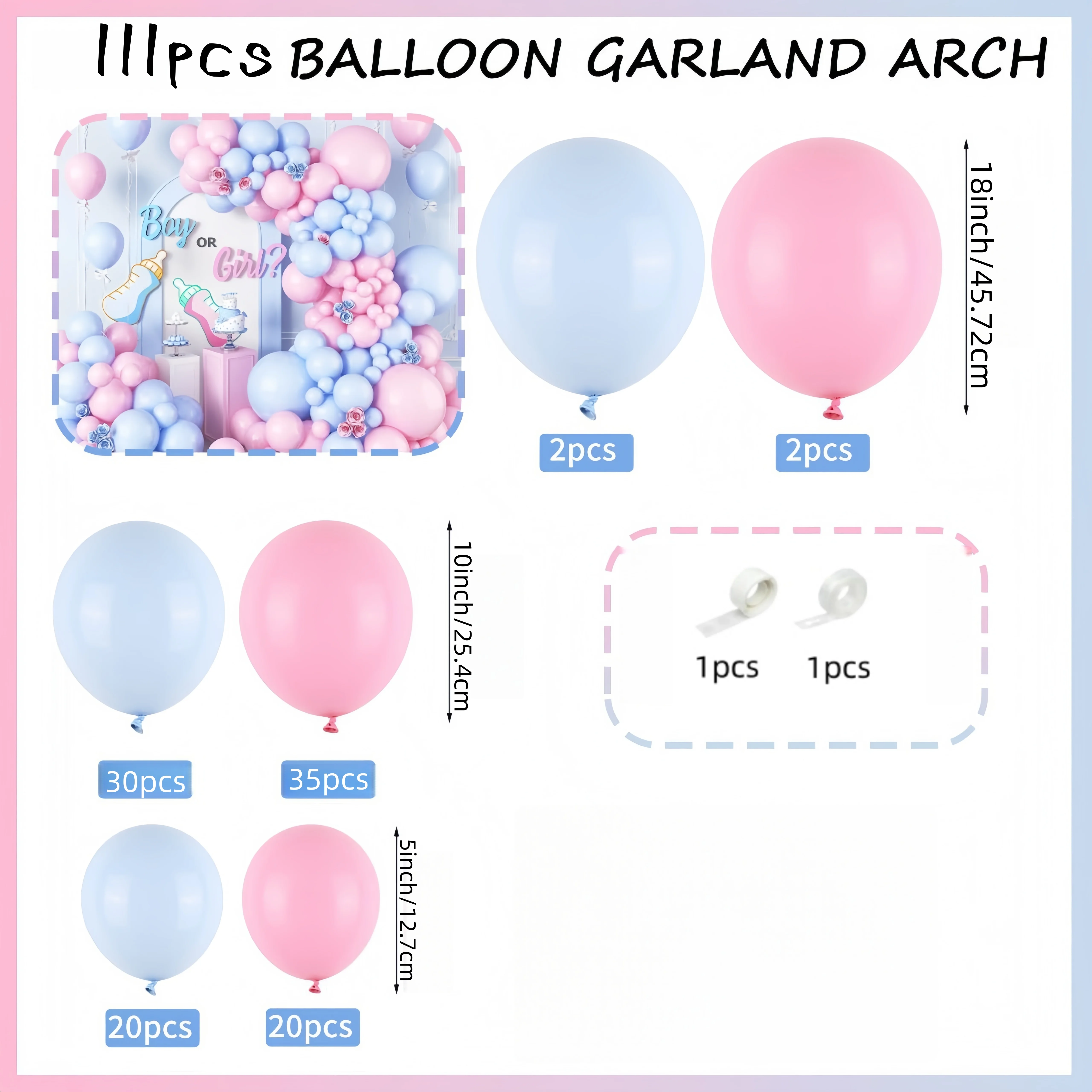 111Pcs Pink and Blue Balloon Arch Set, 18/10/5 Inch Pink and Blue Balloon Garland Kit, for Gender Reveal of Girls and Boys, Bridal Baby Shower, Engagement, Anniversary, Wedding, Valentine's Day, Birthday Party Decorations