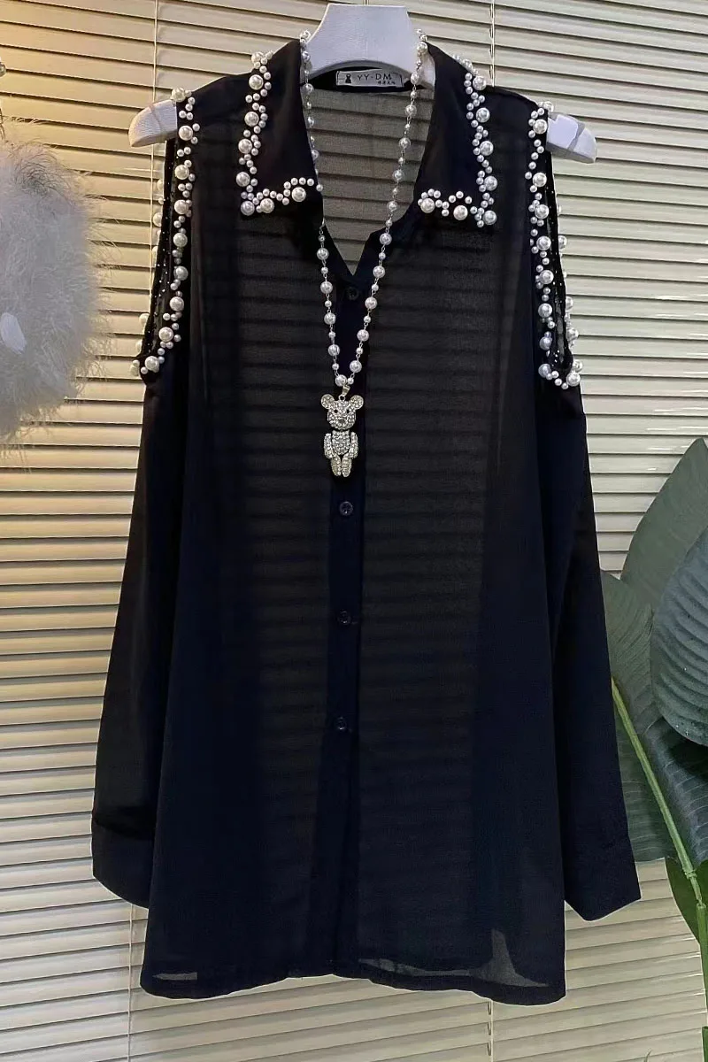 Mid-Length Long Sleeve Beaded Off-Shoulder Black Chiffon Blouse Women Summer New Clothes Large Size Loose Oversized Shirt Dress