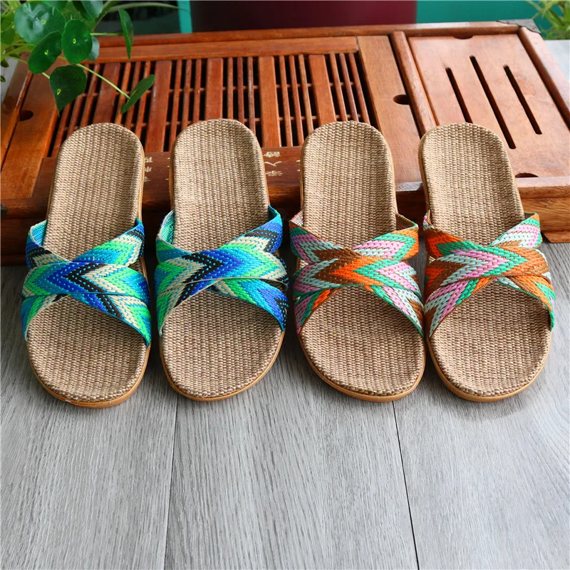 Linen slippers for women in summer indoor couple home anti slip thick soled home cool slippers for men in summer