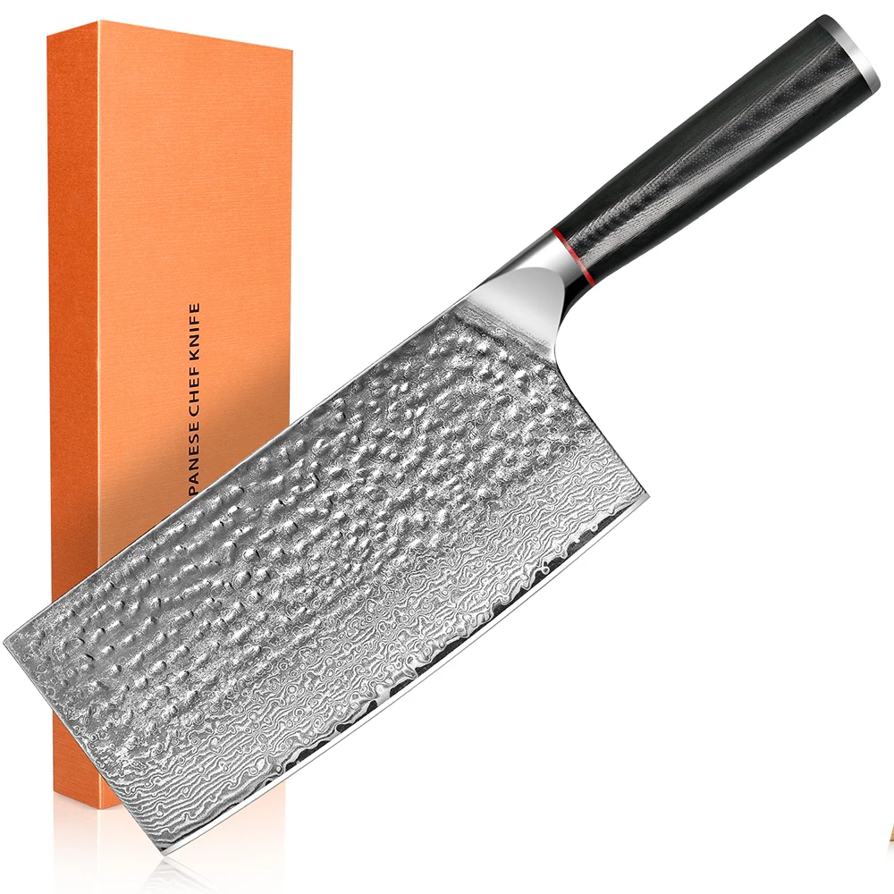 Cuchillo de chef chino, cuchillo de Damasco, cuchillo de cocina profesional, cuchillo de carnicero ultra afilado de acero VG-10 de 7 pulgadas para carne y verduras