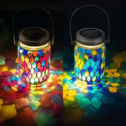 Solar Mosaic Lantern Hanging Mason Jar Glass Lights Outdoor Waterproof Table Lamp Decoration for Garden Patio Party Yard Balcony