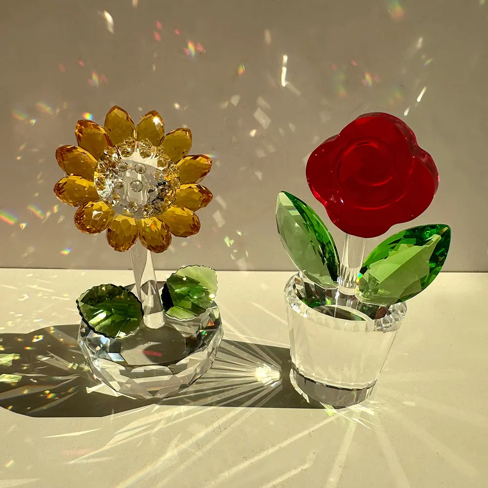 Highend Crystal Rose Flower Figurines Glass Flower Statue For Home Wedding Room Table Decor Girl Gift