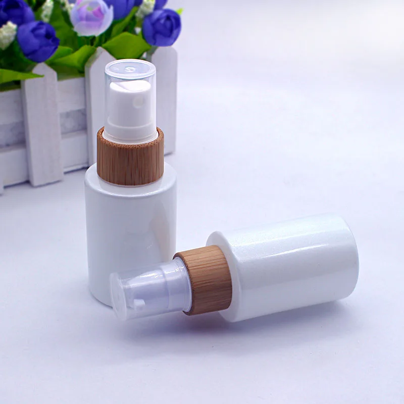 30ml pearl white glass emulsion essential oil bottle perfume spray pump lid cosmetic packaging container eco-friendly bamboo cap